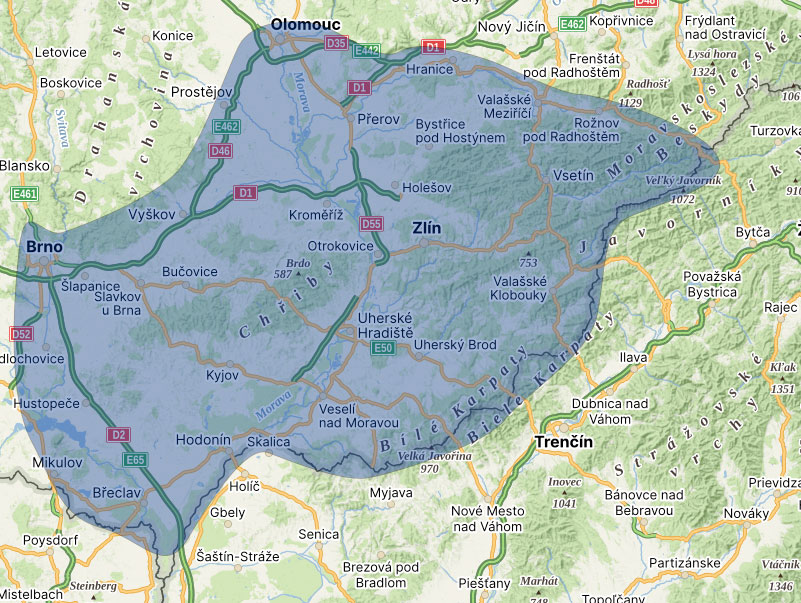 Mapa oblasti rozvozu Zlínský kraj